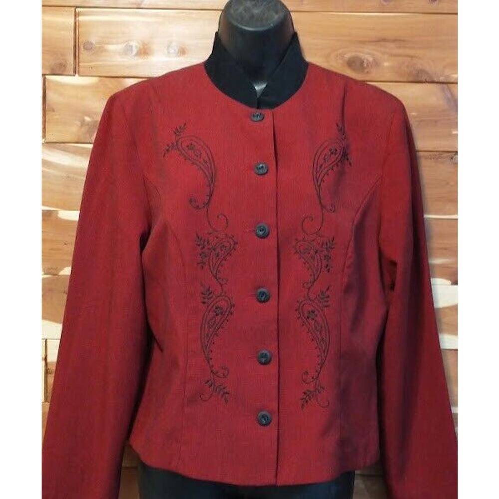 Woman Black Red Gingham Embroidered Button Down Blouse Shirt Top Size 10 Large
